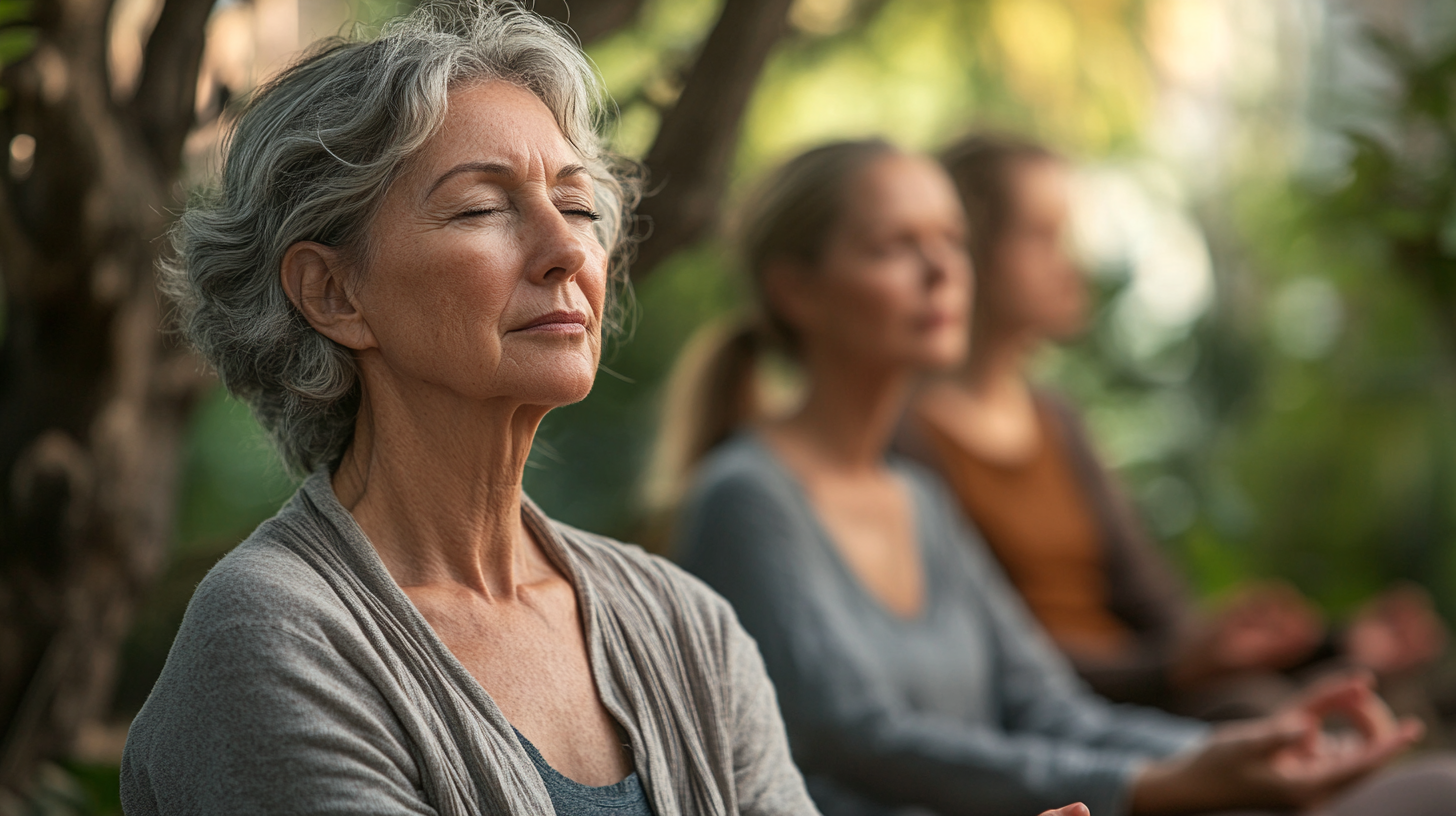 Група людей зрілого віку займається йогою в спокійній атмосфері
